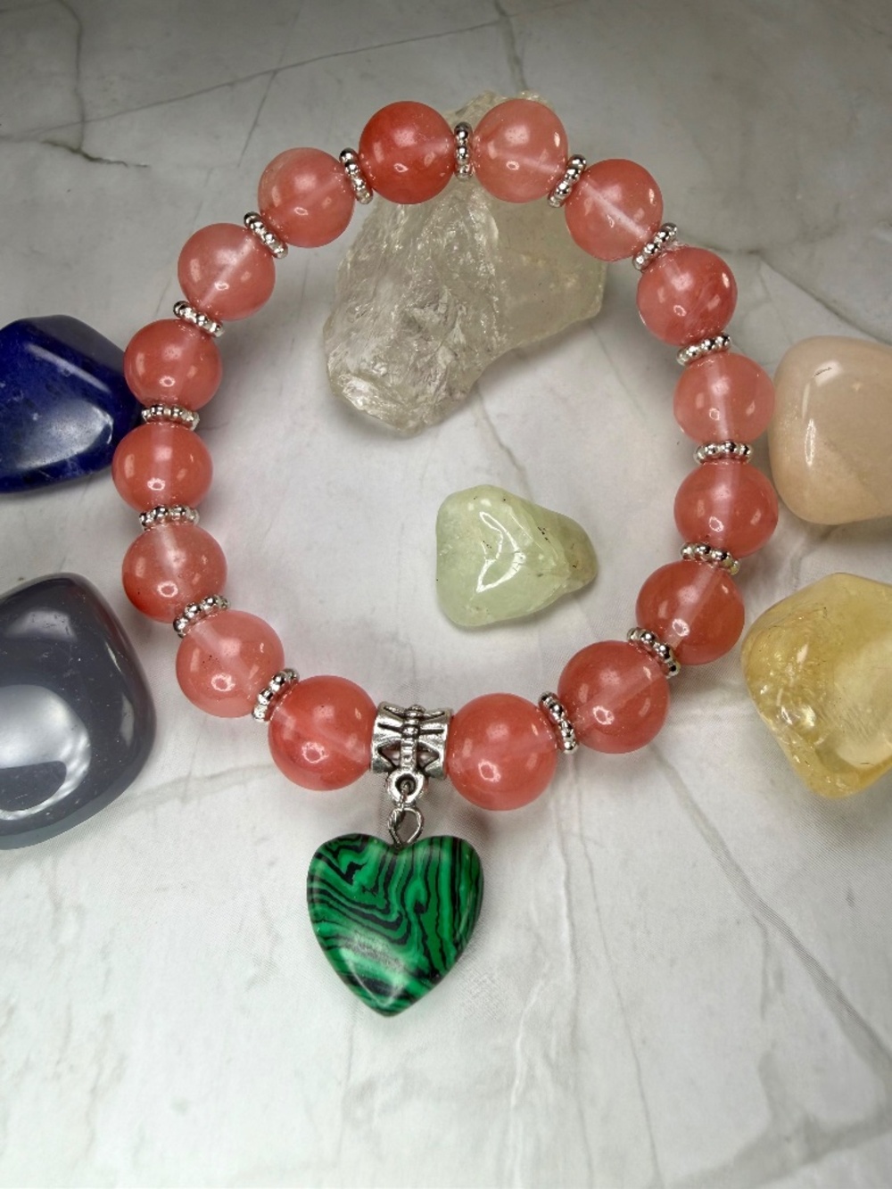 Red Cherry Quartz 10mm & Malachite Heart Bracelet